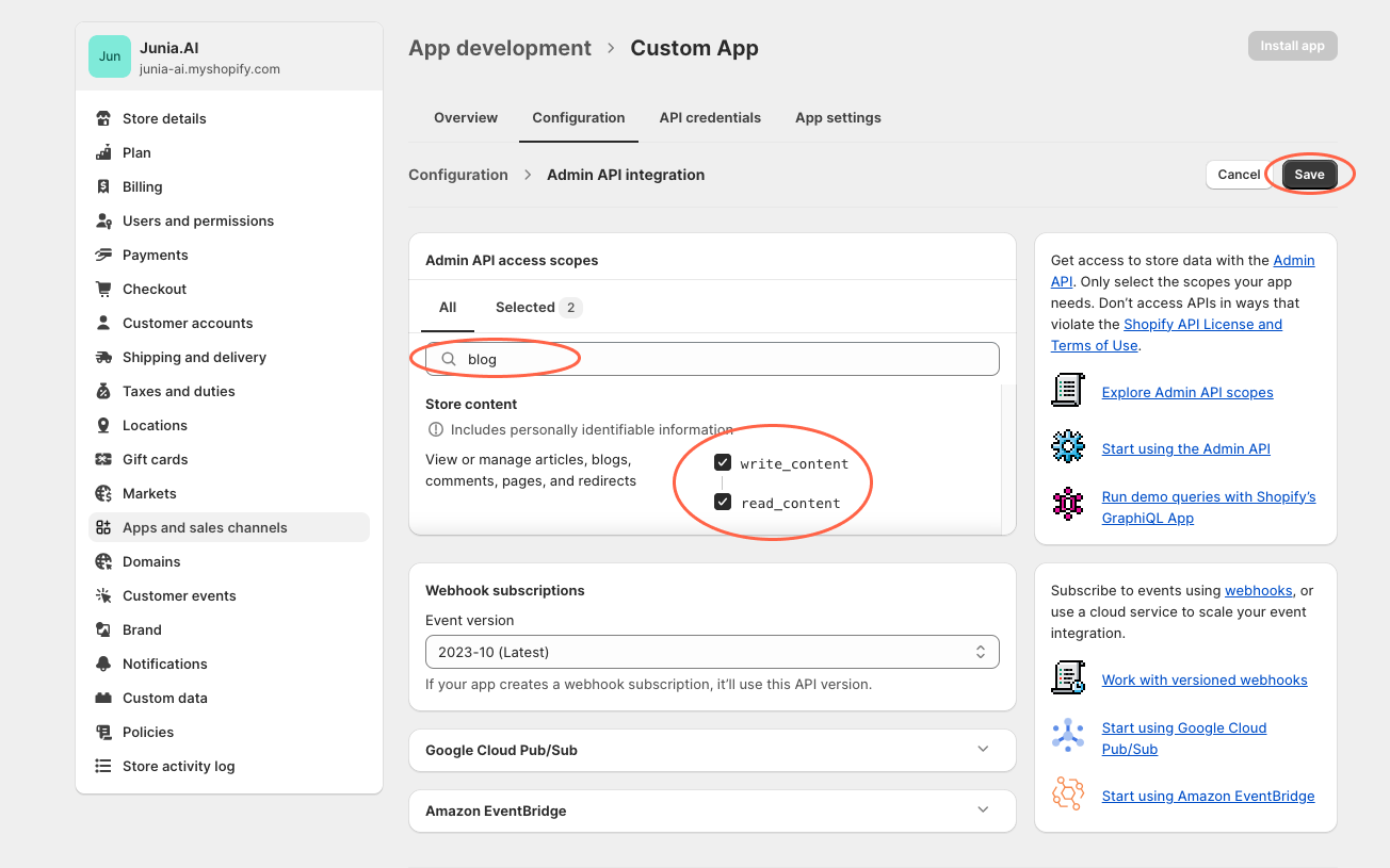 Search for the term "blog", grant access to "write_content" and "read_content", and then save the settings.