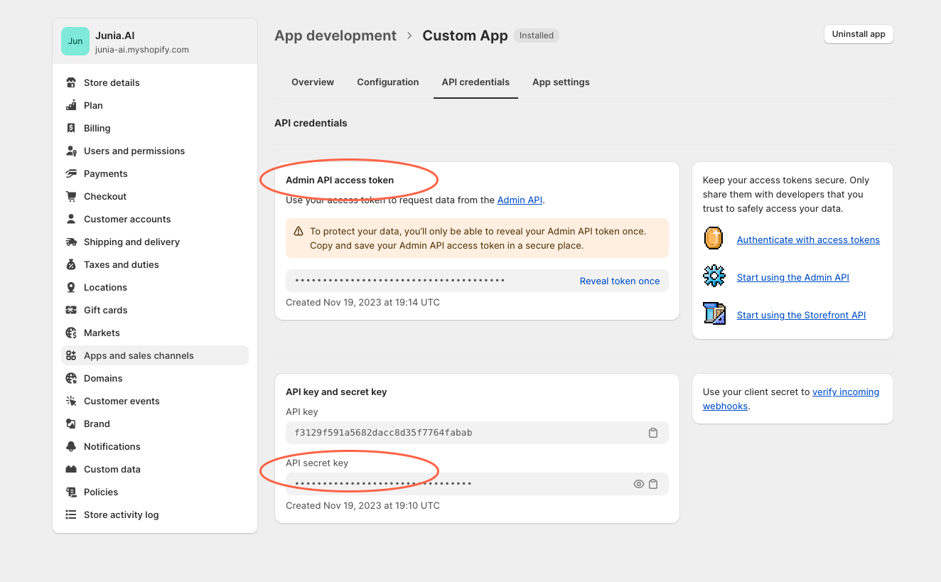 Copy the "Admin API access token" and "API secret key"