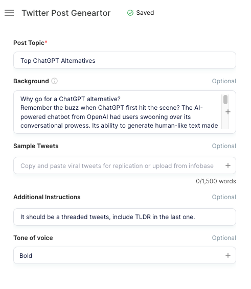 Using Junia AI's Viral Tweet Geneartor for transform your existing blog posts into tweets