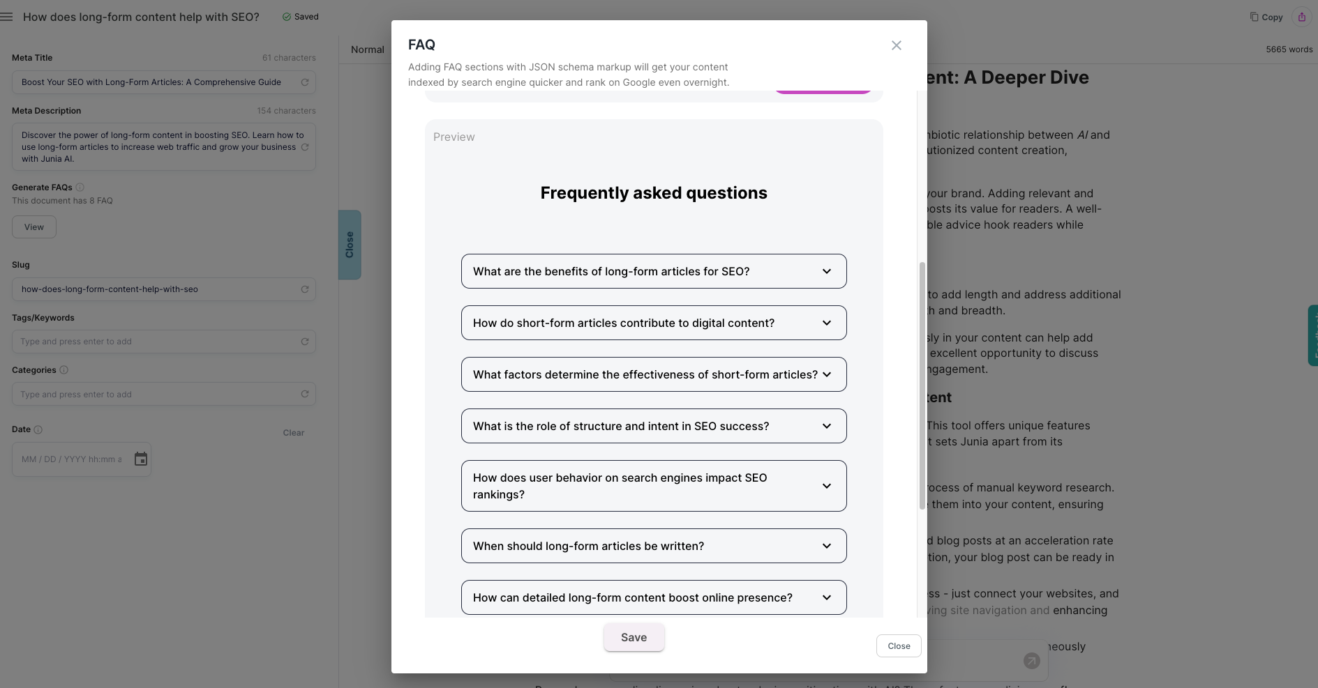 Showcasing of creating Frequently Asked Questions (FAQs) with Junia AI