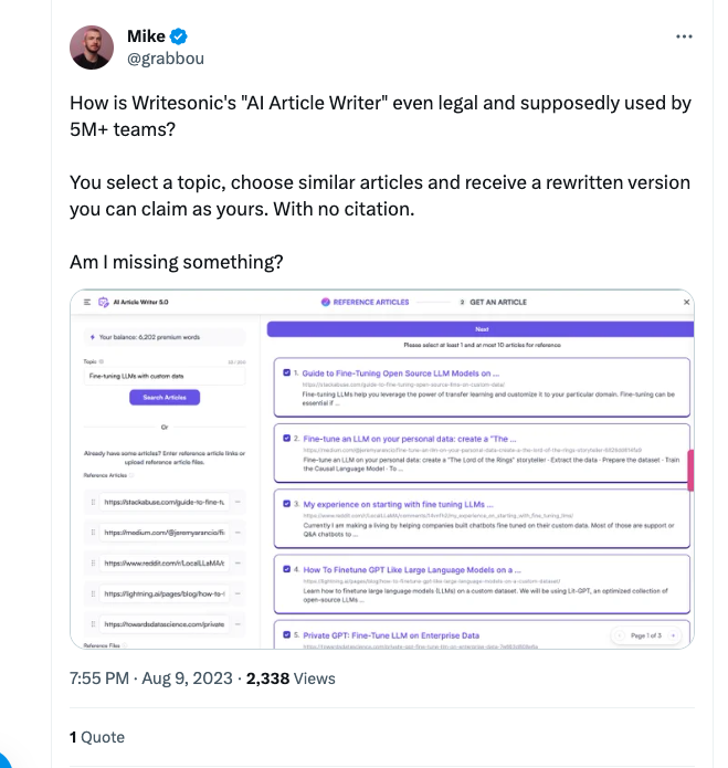 A user reporting WriteSonic rewrites articles based on a chosen similar article with no citation, wondering if this is legal