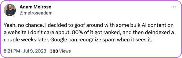 A Twitter user reported that publishing too many blog posts in a short amount of time resulted in his website being de-indexed by the search engine.