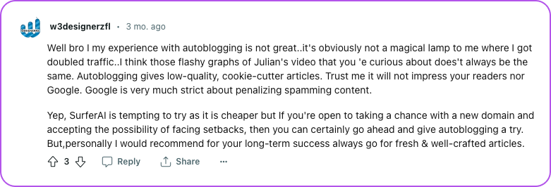 Users share their experiences with bulk content generation using Autoblogging.ai.