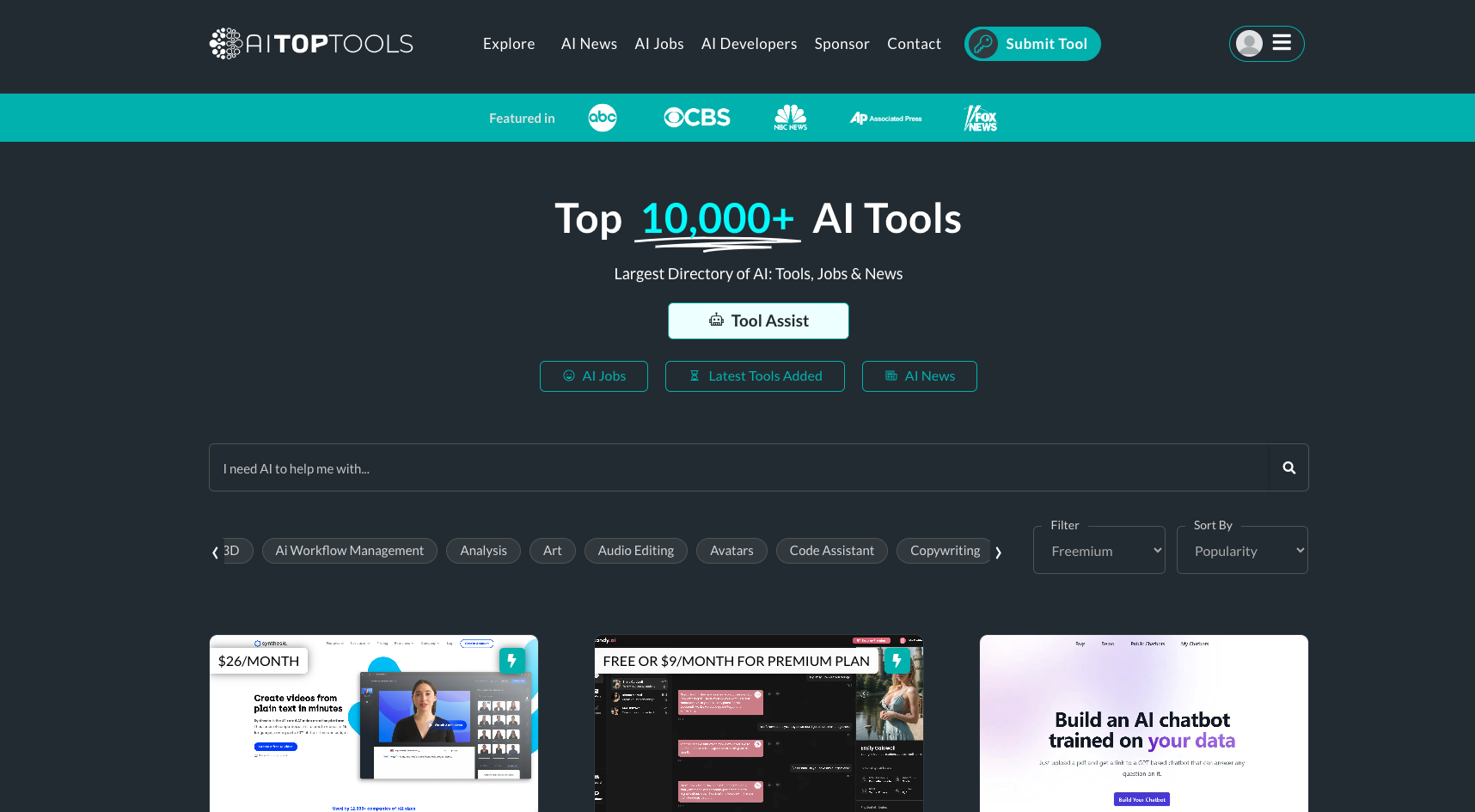aitoptools.com's user interface for search through a list of AI Tools
