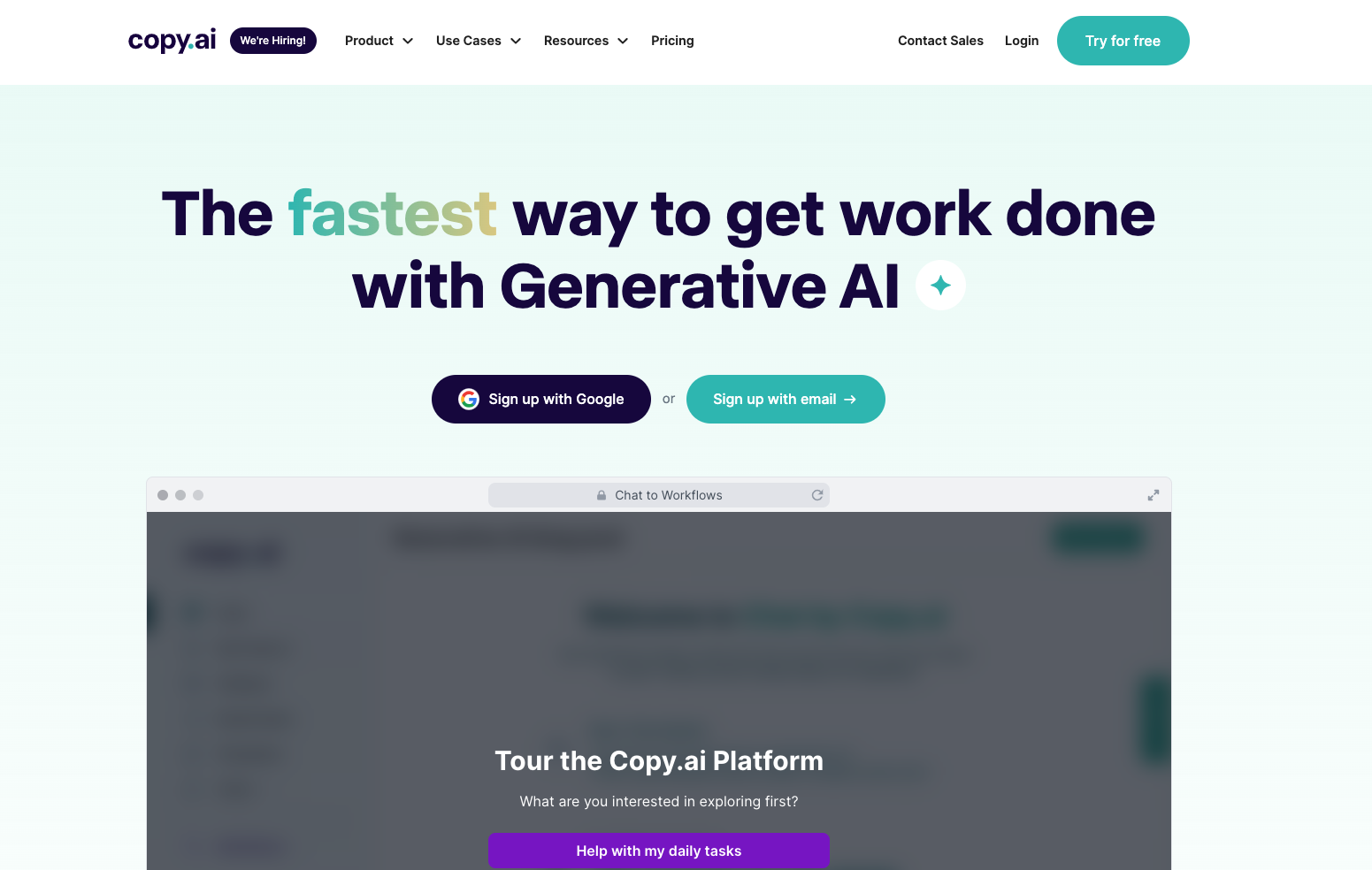 Copy.ai landing page with a video demo showing how the platform works