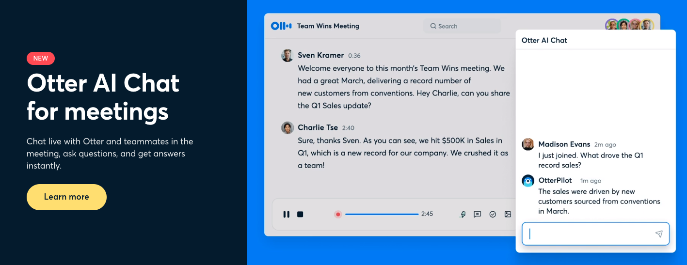 Otter.ai  summarizing, translating, and searching transcripts in action for a user who comes late to a meeting.
