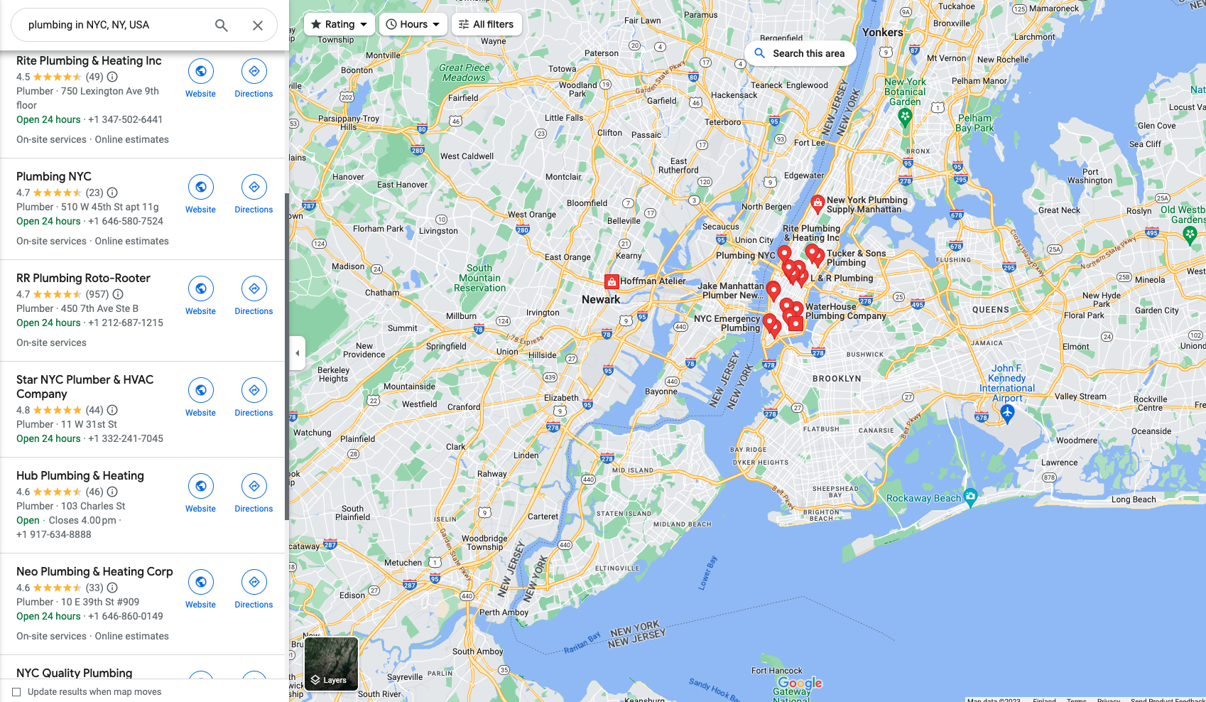 Google map results for a list of plumbers in the NYC area, with the #1 result hightlighted, symbolizing the impact of local SEO for plumbers.