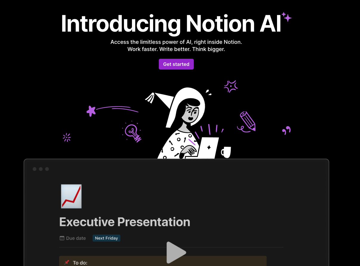 Notion AI's landing page for introducing it's ai-powered content editor for writing content.
