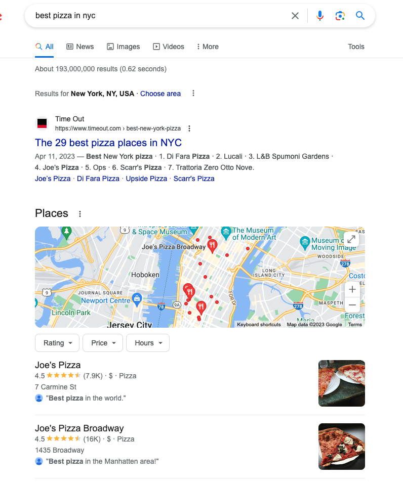 Google search results for the best pizza results in NYC