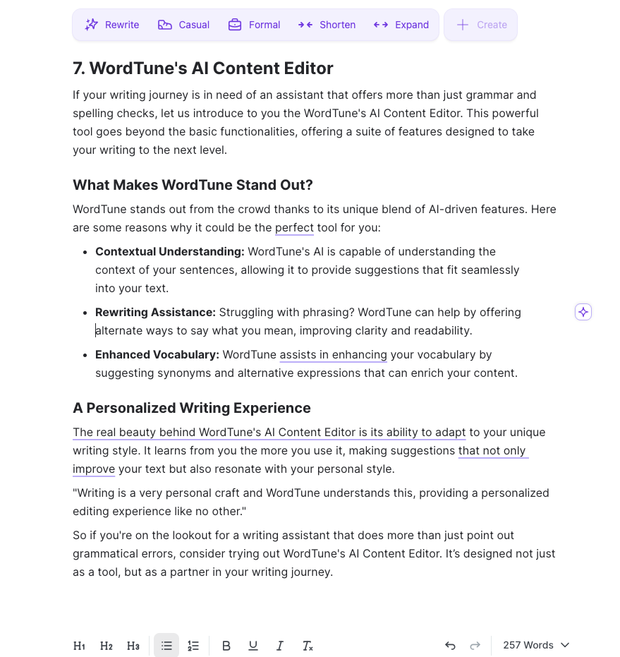 WordTune's AI Content Editor User Interface