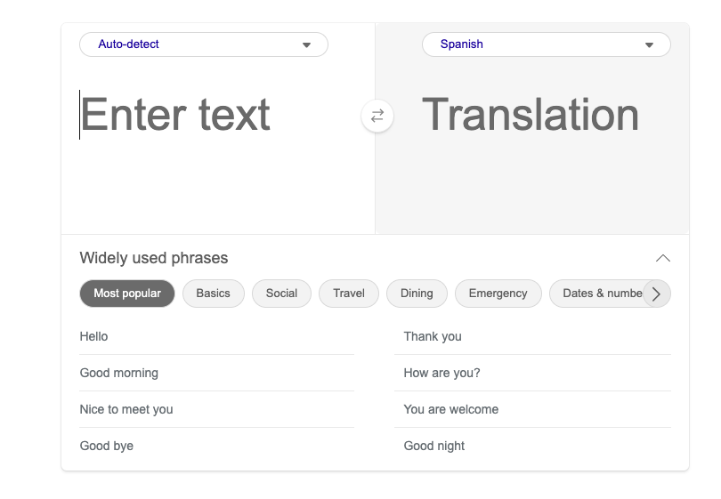 Bing Microsoft Translator User Interface
