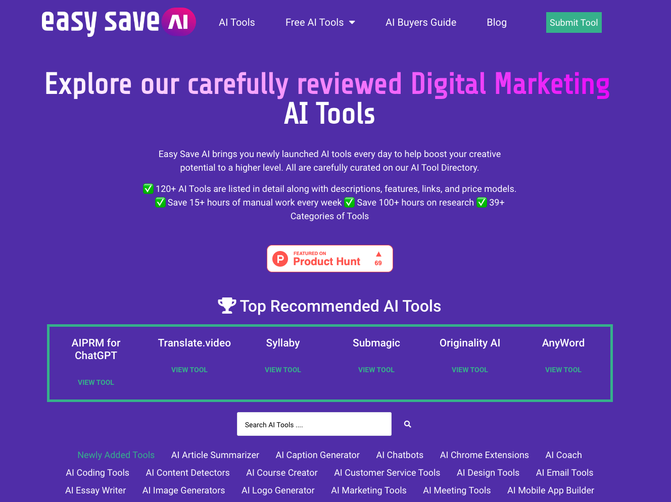 Easy Save AI's user interface for search through a list of AI Tools