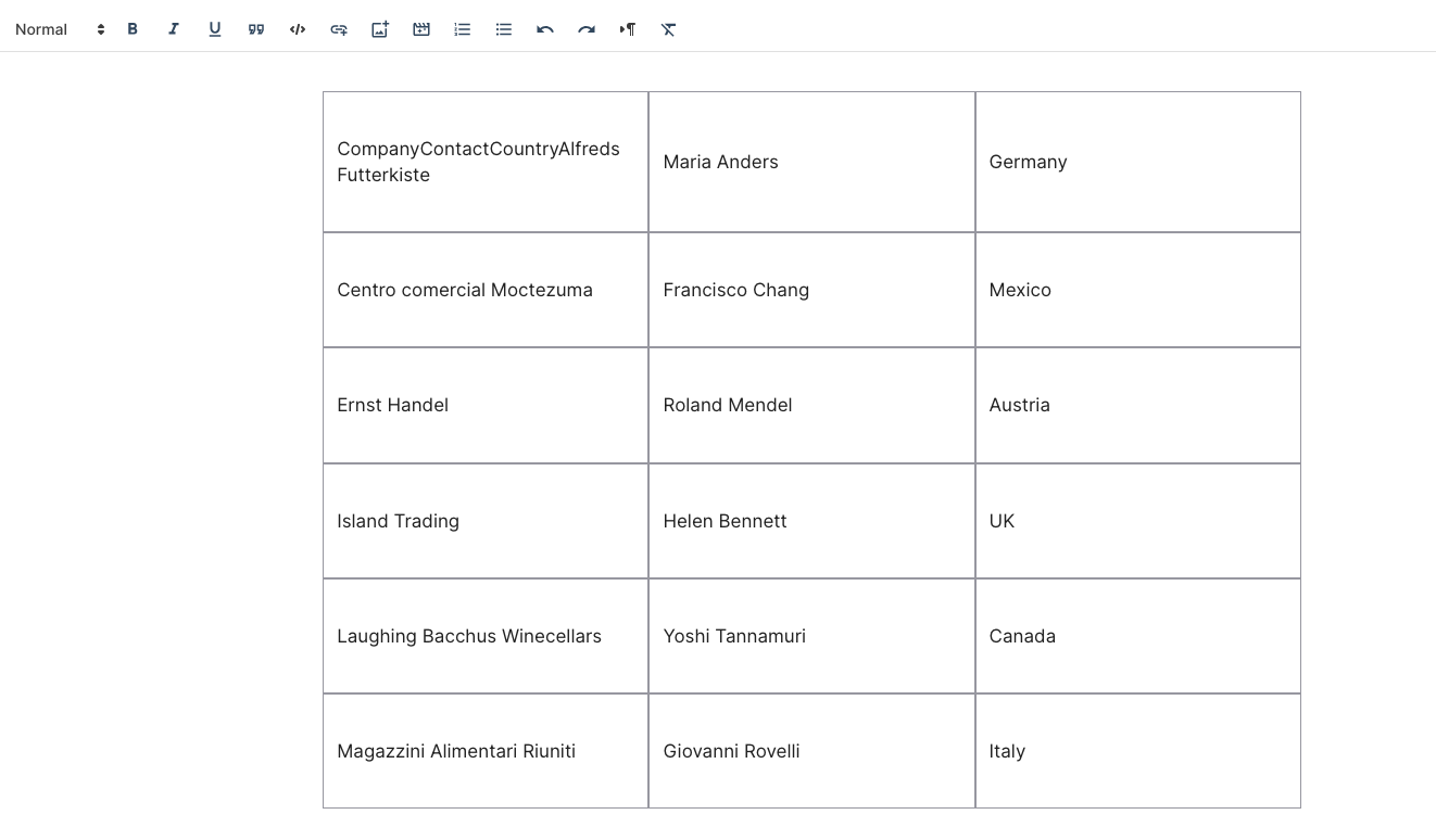 Table in document editor