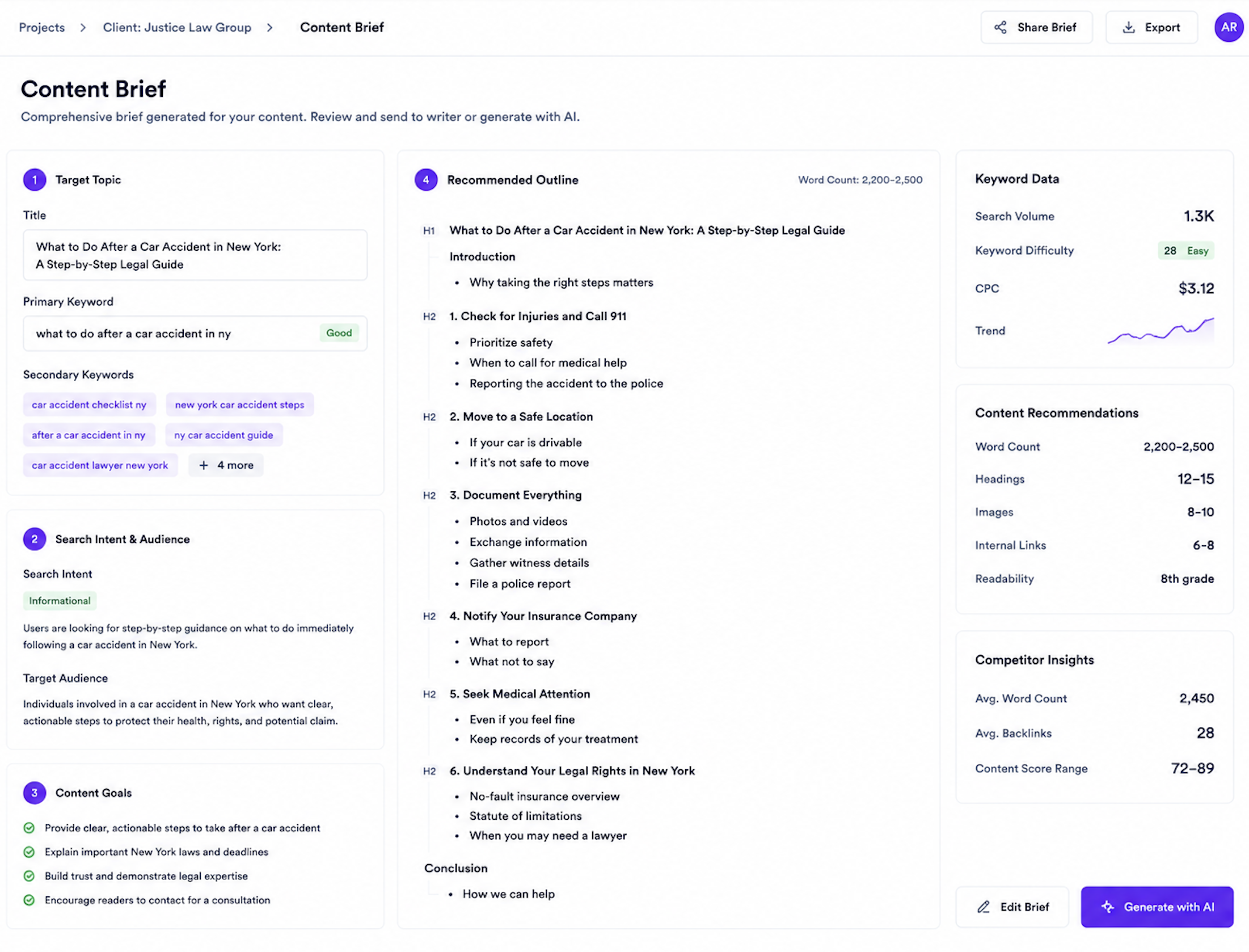 Junia AI content brief showing keyword research, article structure, and SEO recommendations for an agency client