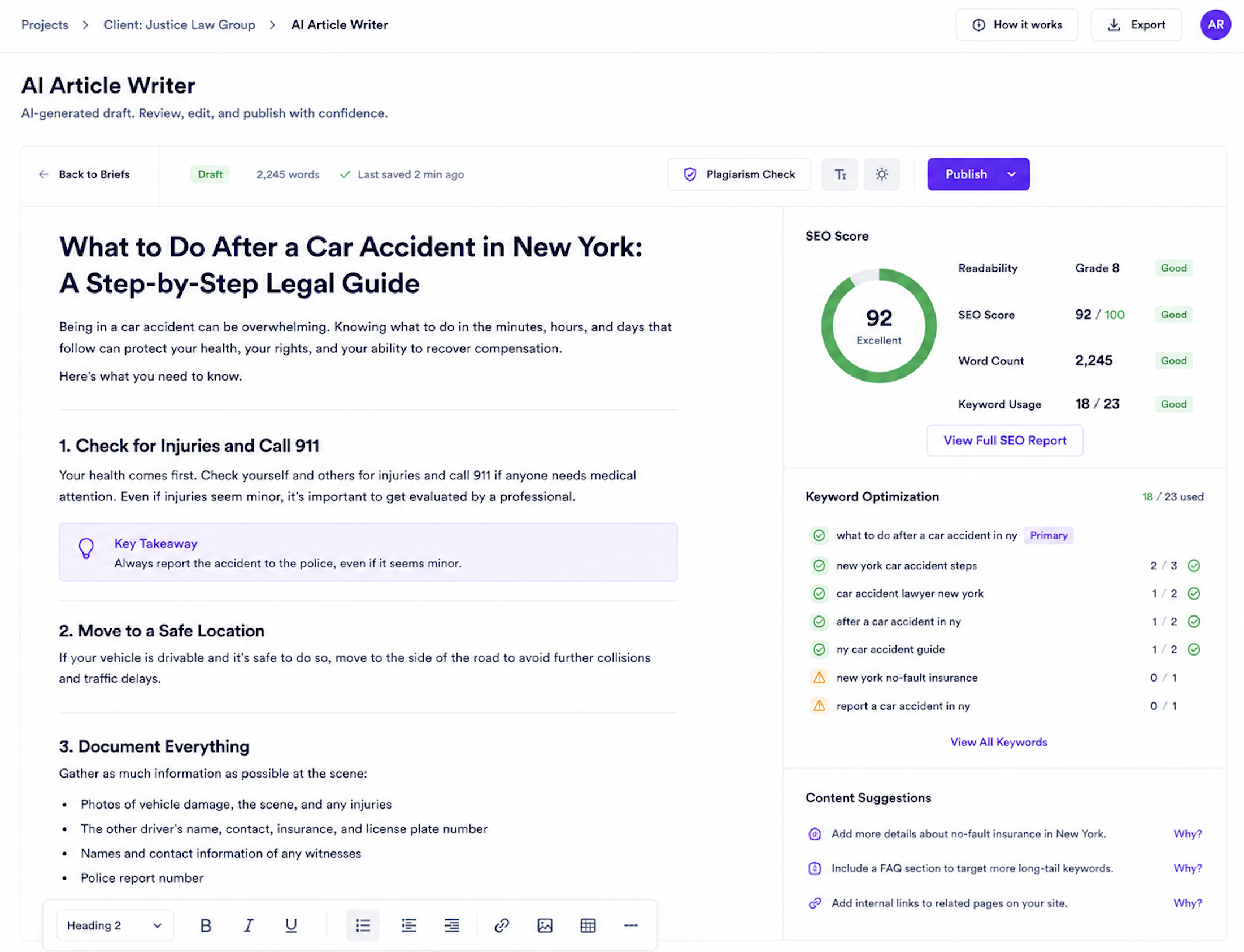 Junia AI Article Writer generating and optimizing SEO content for an agency client