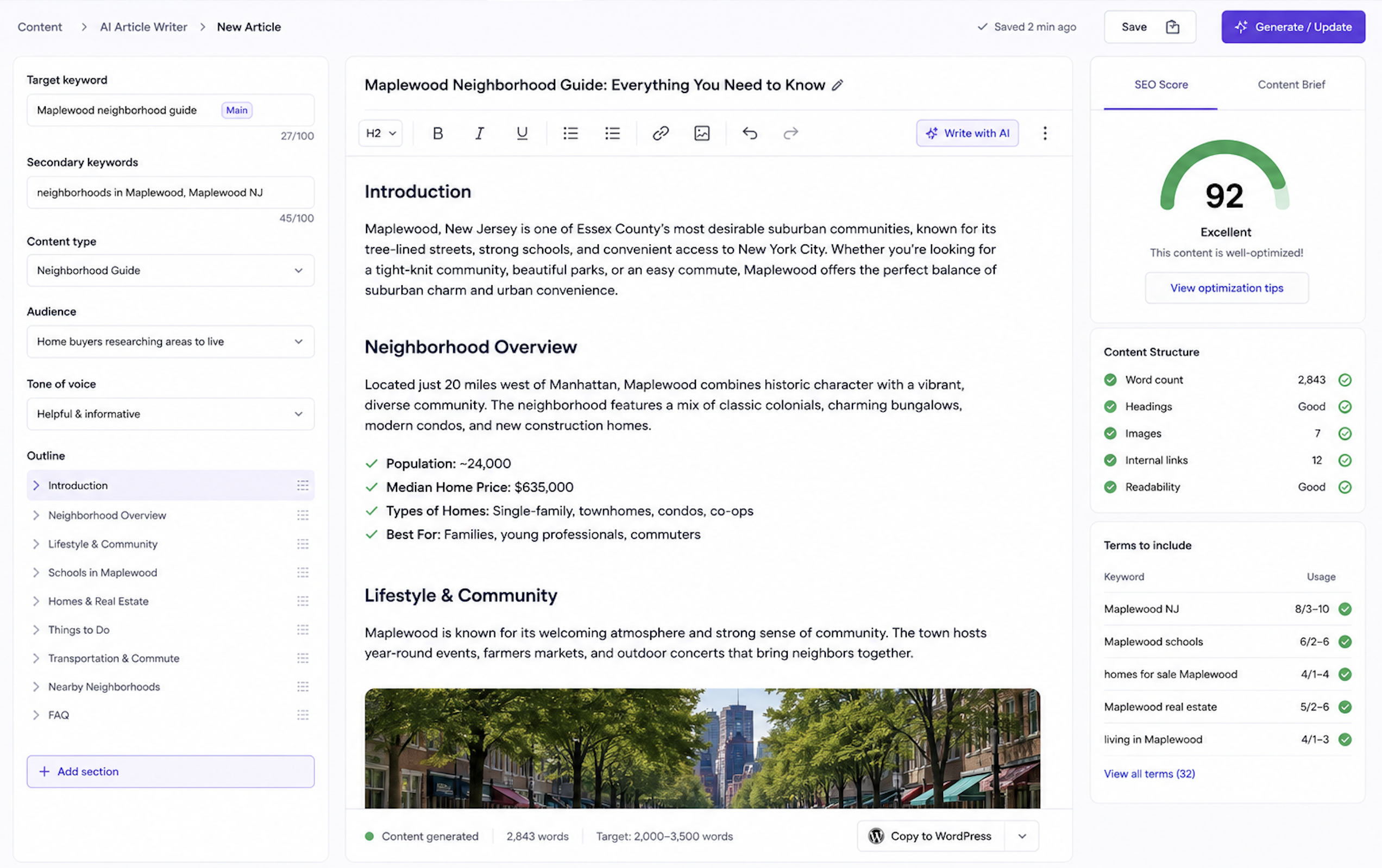 Junia AI article editor creating an SEO-optimized neighborhood guide with keyword targeting, content structure, internal linking, and optimization score