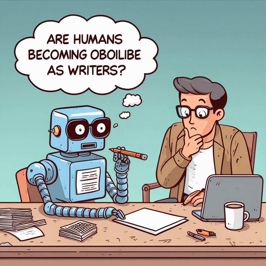 An illustration on whether humans are becoming obsolete due to AI writers.