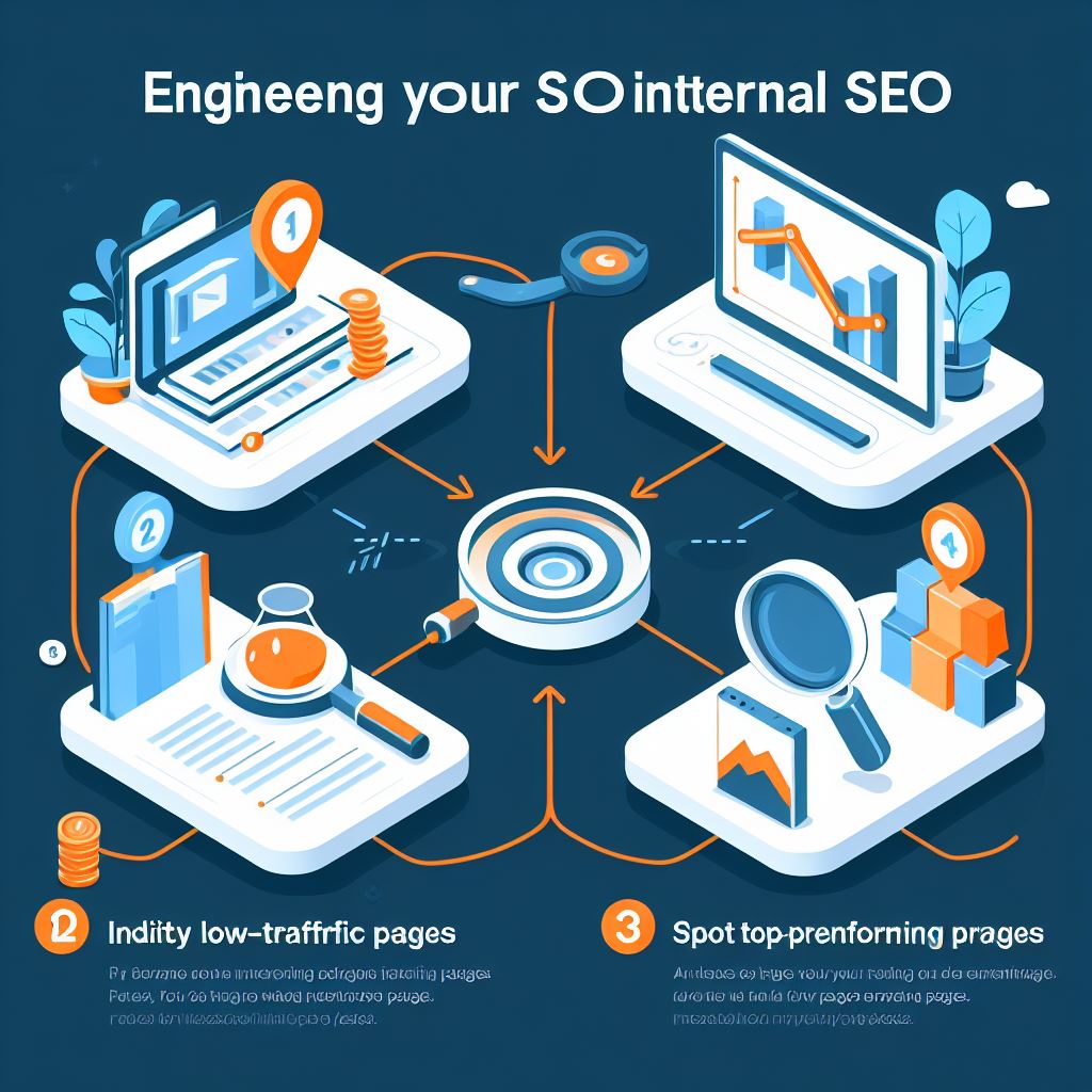An infographic that explains how to use internal linking to improve SEO. It has four steps with icons and screenshots.