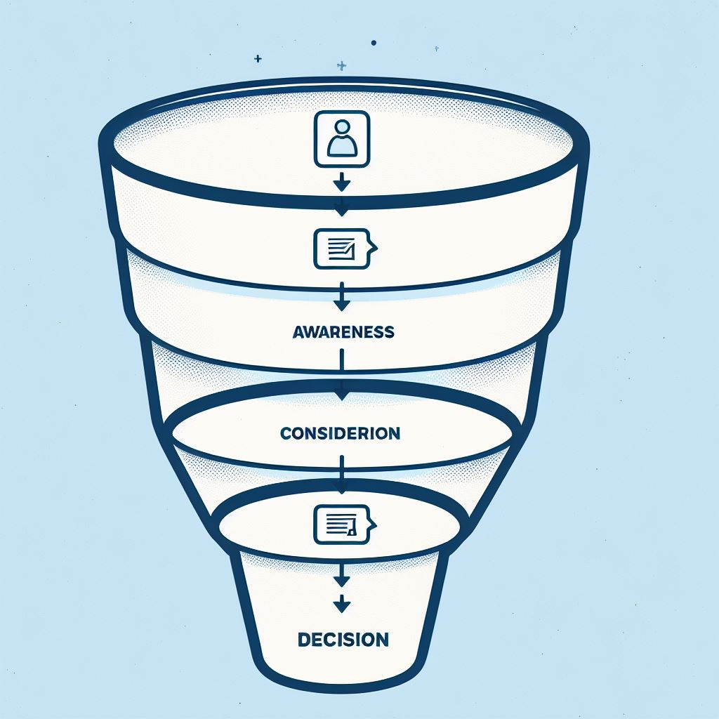 A diagram of the marketing funnel with three stages: awareness, consideration, and decision. Each stage has a label and an icon representing the customer's mindset. The funnel narrows down from top to bottom, showing the decreasing number of potential customers.