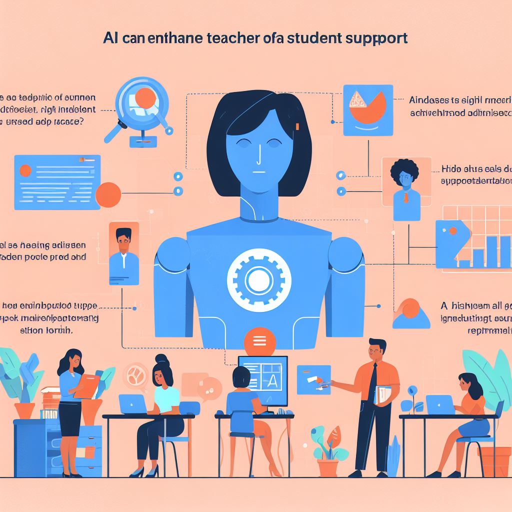 An infographic that summarizes the blog section on how AI can enhance teacher support by streamlining administrative tasks and providing insights on student progress.