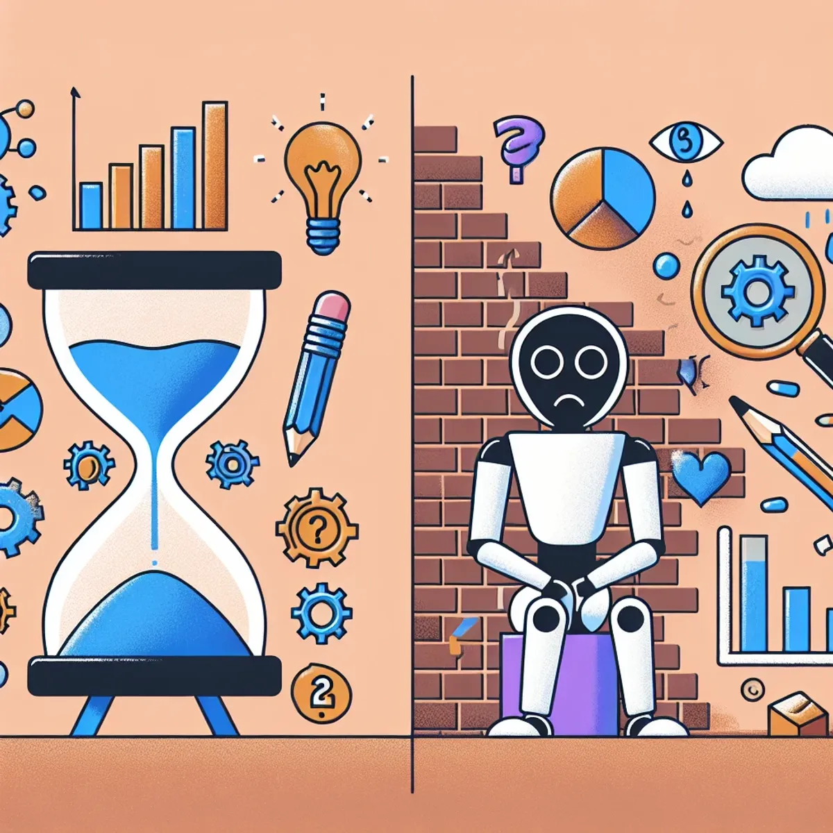 An hourglass nearly empty, a magnifying glass inspecting a bar chart, a robot sitting in front of a brick wall with question marks, and a dull pencil.
