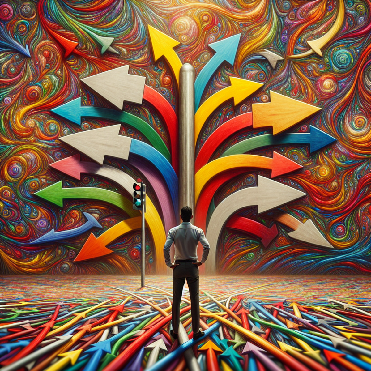 A person standing at a crossroads with colorful arrows pointing in different directions.