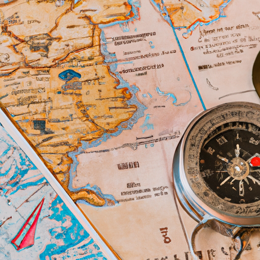 A compass and a map with various travel destinations marked on it.