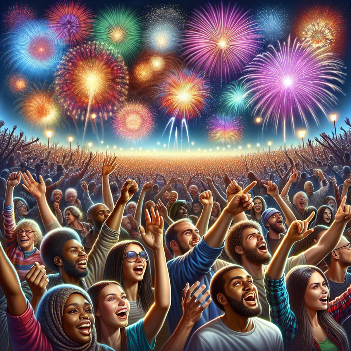 A diverse crowd cheering with colorful fireworks in the background.