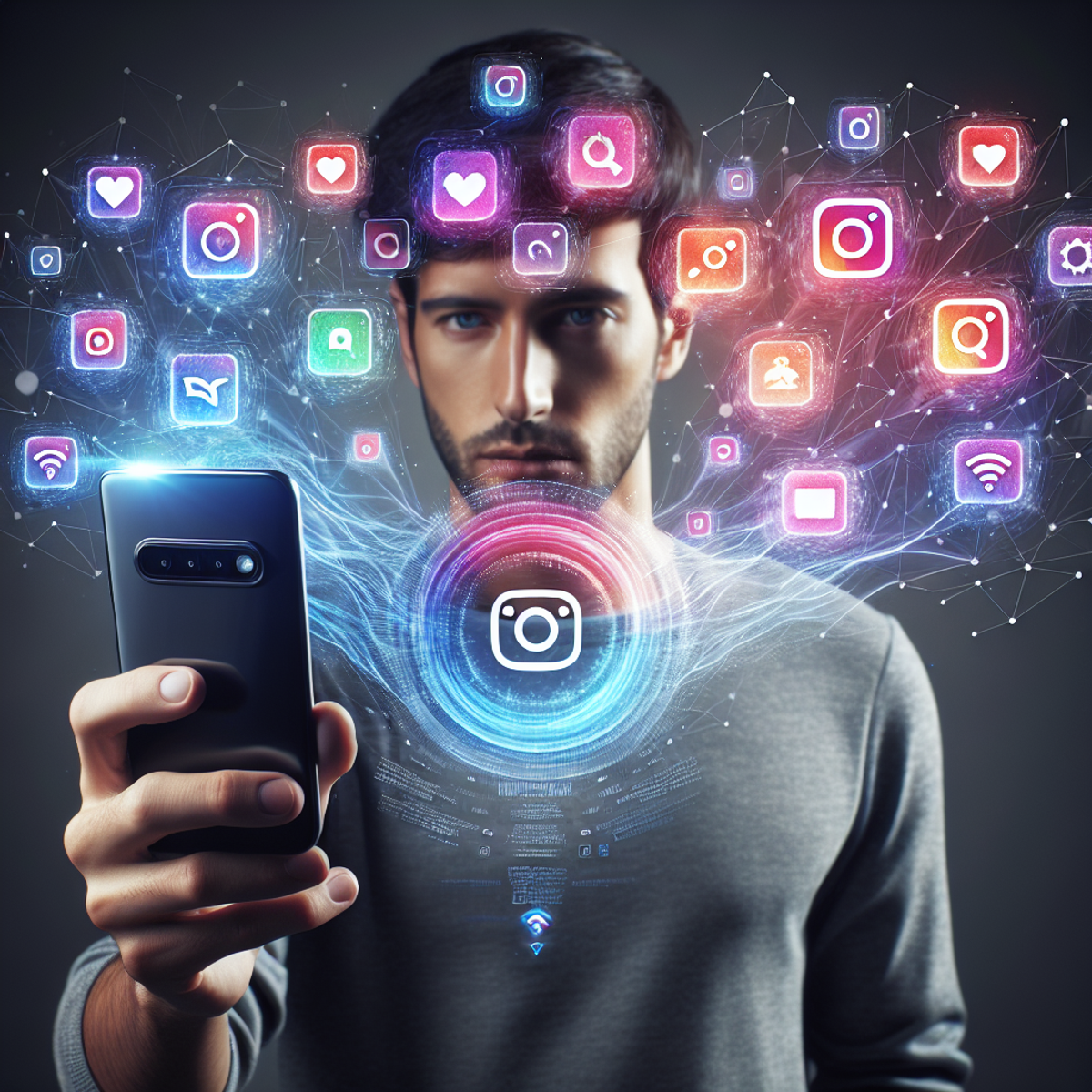A Hispanic male holding a smartphone with an abstract AI logo on the screen, surrounded by vivid Instagram post graphics.