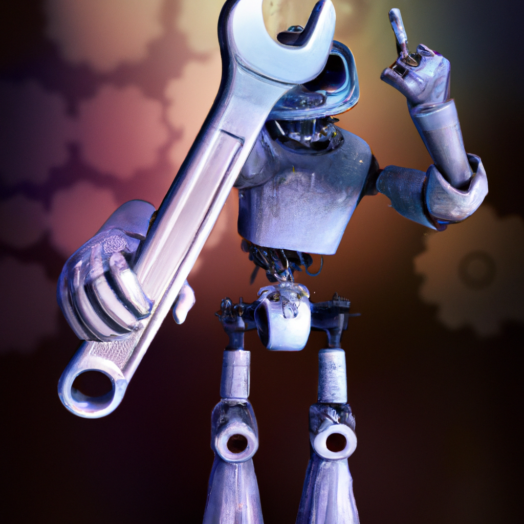 A robot holding a wrench, symbolizing the concept of putting in the work.