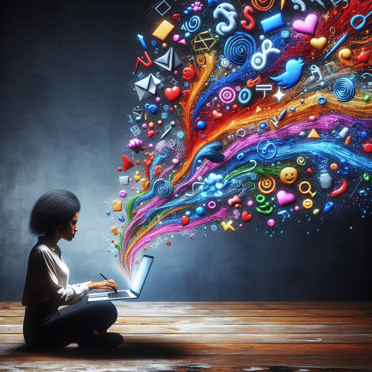 A Black woman typing on a laptop with colorful symbolic representations of creativity flowing out of the screen into the air.