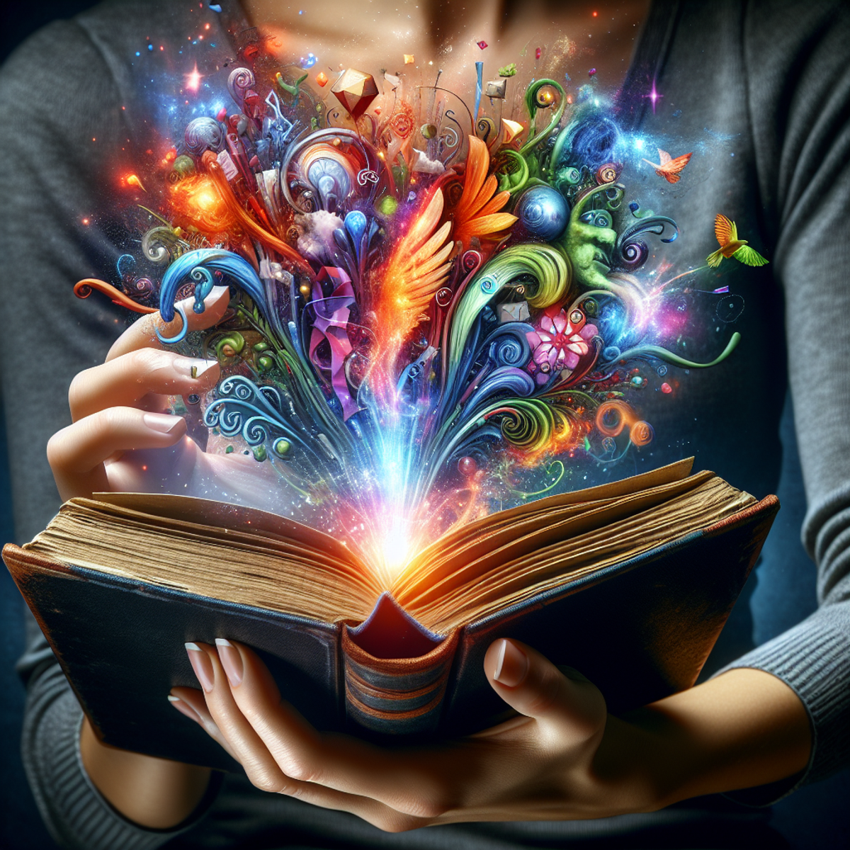 A woman's hand gripping a mystical book with abstract shapes and symbols emanating from its pages.