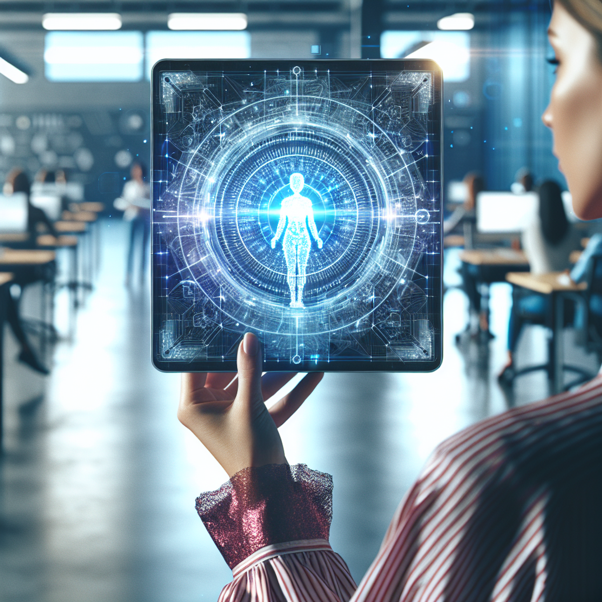A Hispanic woman standing in a futuristic tech-infused environment, holding a paper-thin tablet with a glowing abstract AI symbol on the screen.