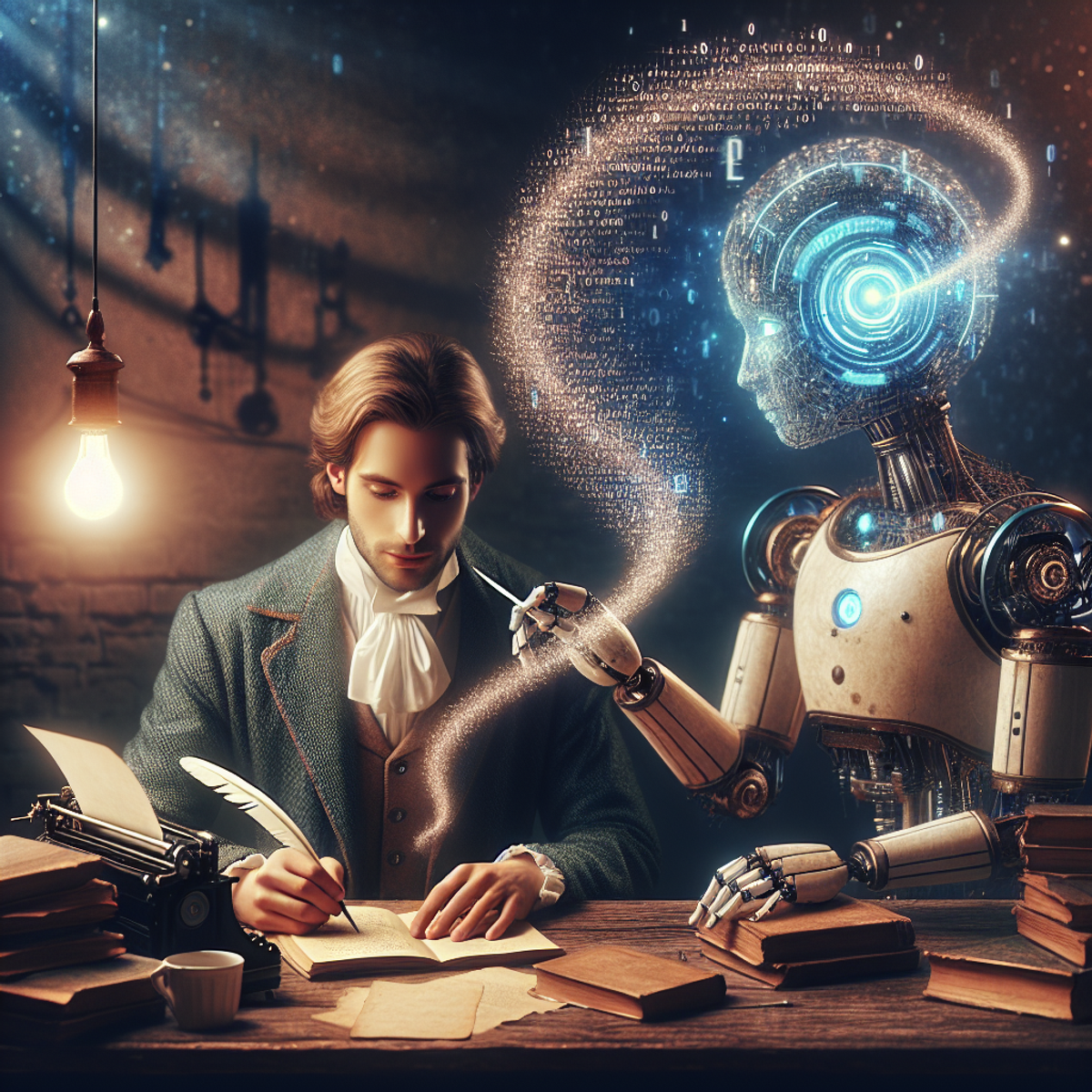 人間の作家が机に座り、羽ペンで書いている様子を描いたイメージです。一方、未来的なAIロボットは言葉のホログラフィックな画面を提示しています。