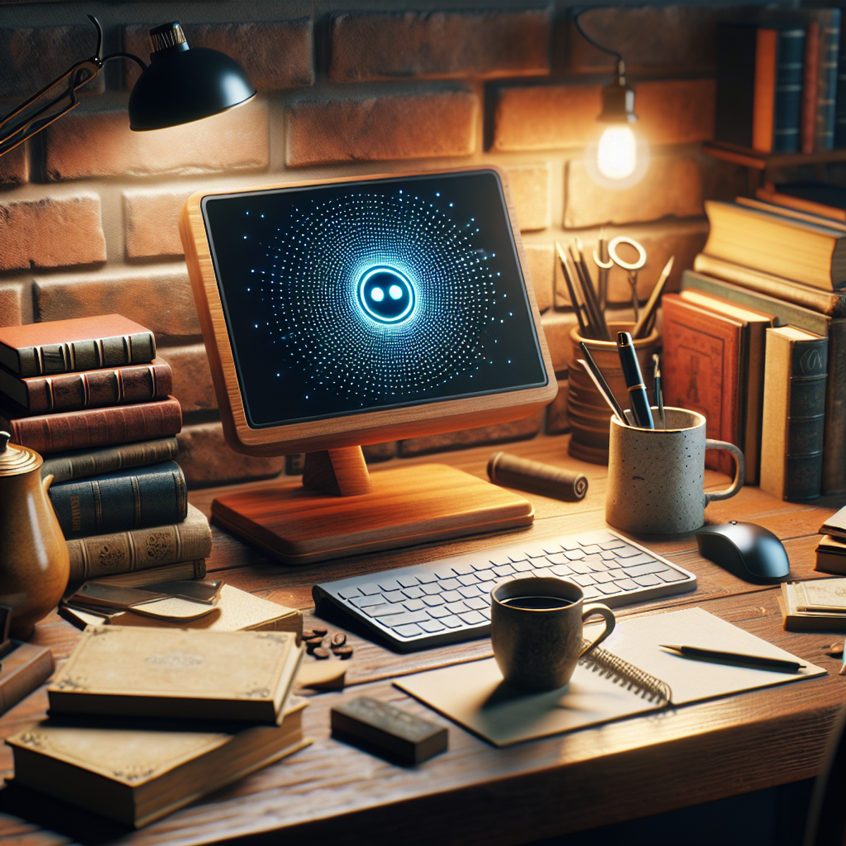 A cozy and well-lit wooden writer's desk with modern computer, AI assistant, papers, coffee, and books