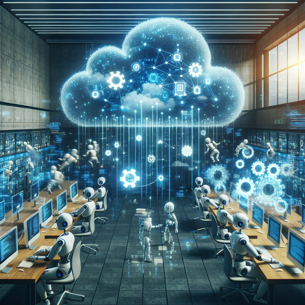 Robots working in Silicon Valley office with data cloud, AI tendrils, and SEO gears.