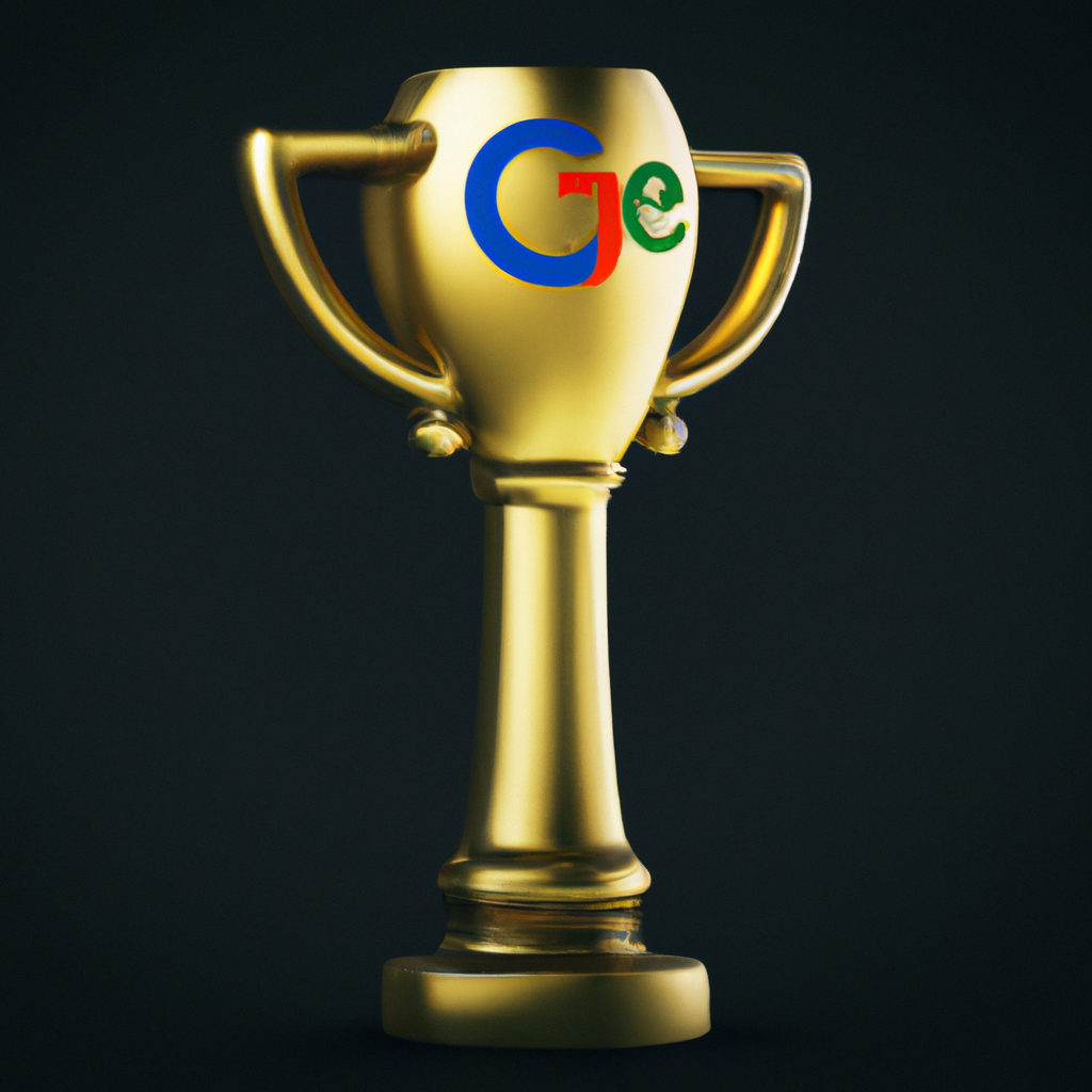 A golden trophy with the Google logo, symbolizing the myth of Google rewarding real people and real content.