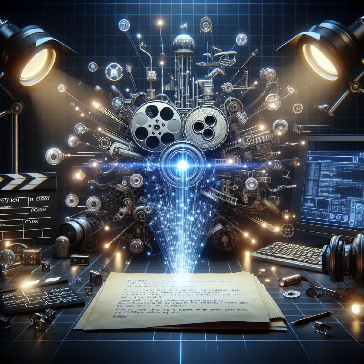 A futuristic AI system analyzing a script with cinematic elements.