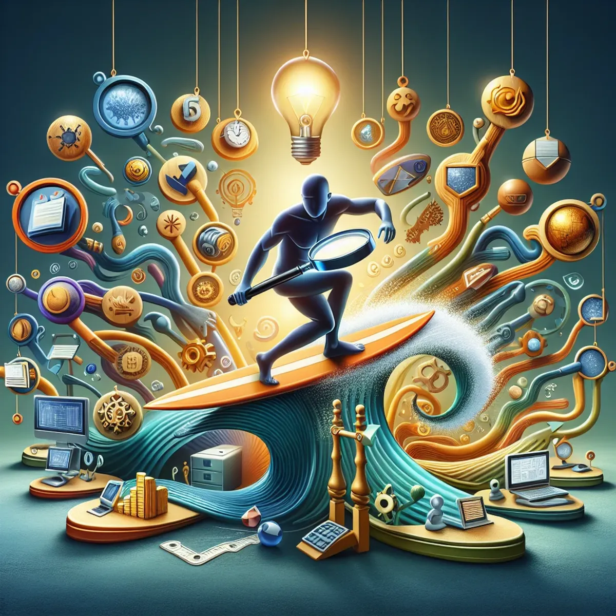 A surfer with a magnifying glass riding a wave, surrounded by diverging paths and various symbolic objects.