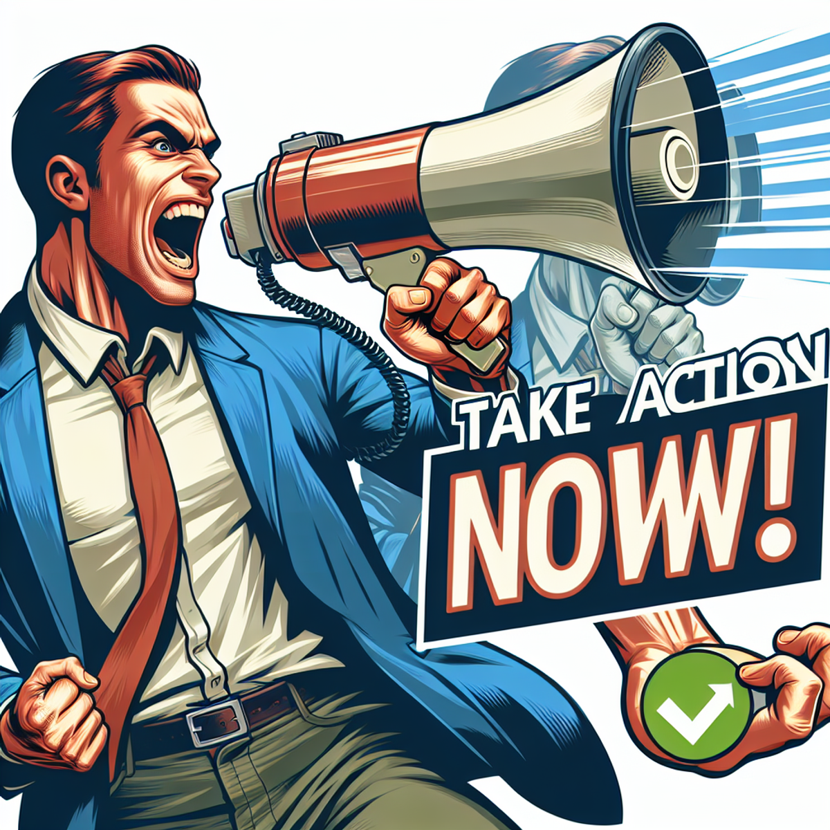 An enthusiastic person with raised arms holds a megaphone, their face filled with determination and passion. The megaphone emits dynamic sound waves, symbolizing urgency and a call to action.