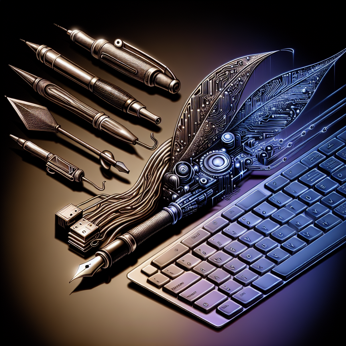 Evolution of writing tools from pen to keyboard represented through visual symbols.