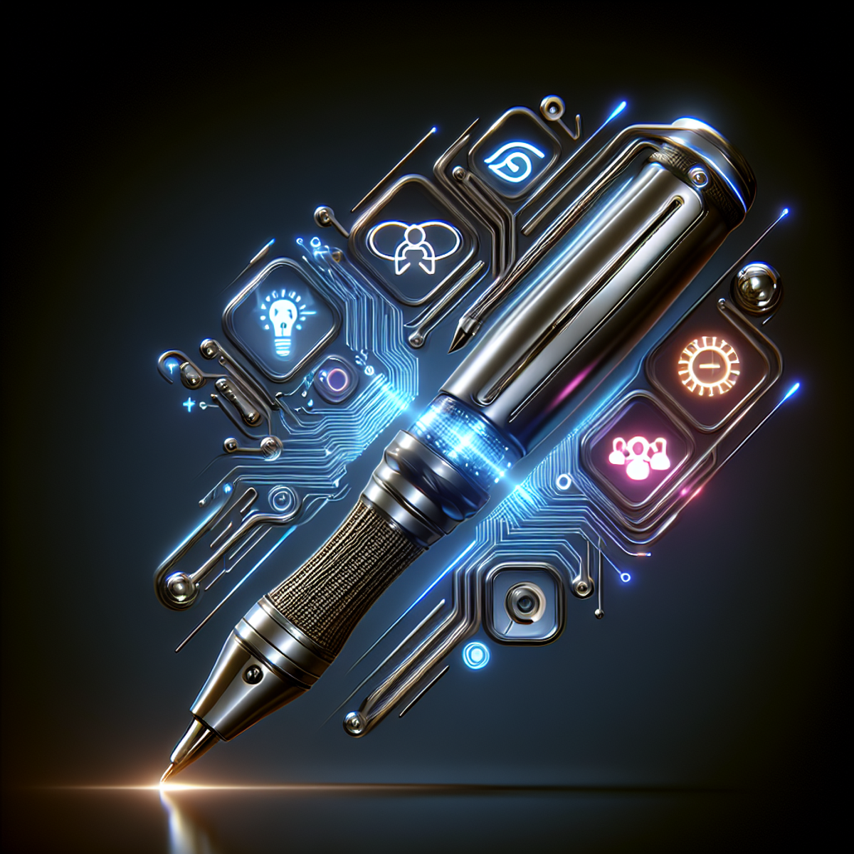 A futuristic, collaborative writing tool with sleek metallic surfaces and glowing lines.