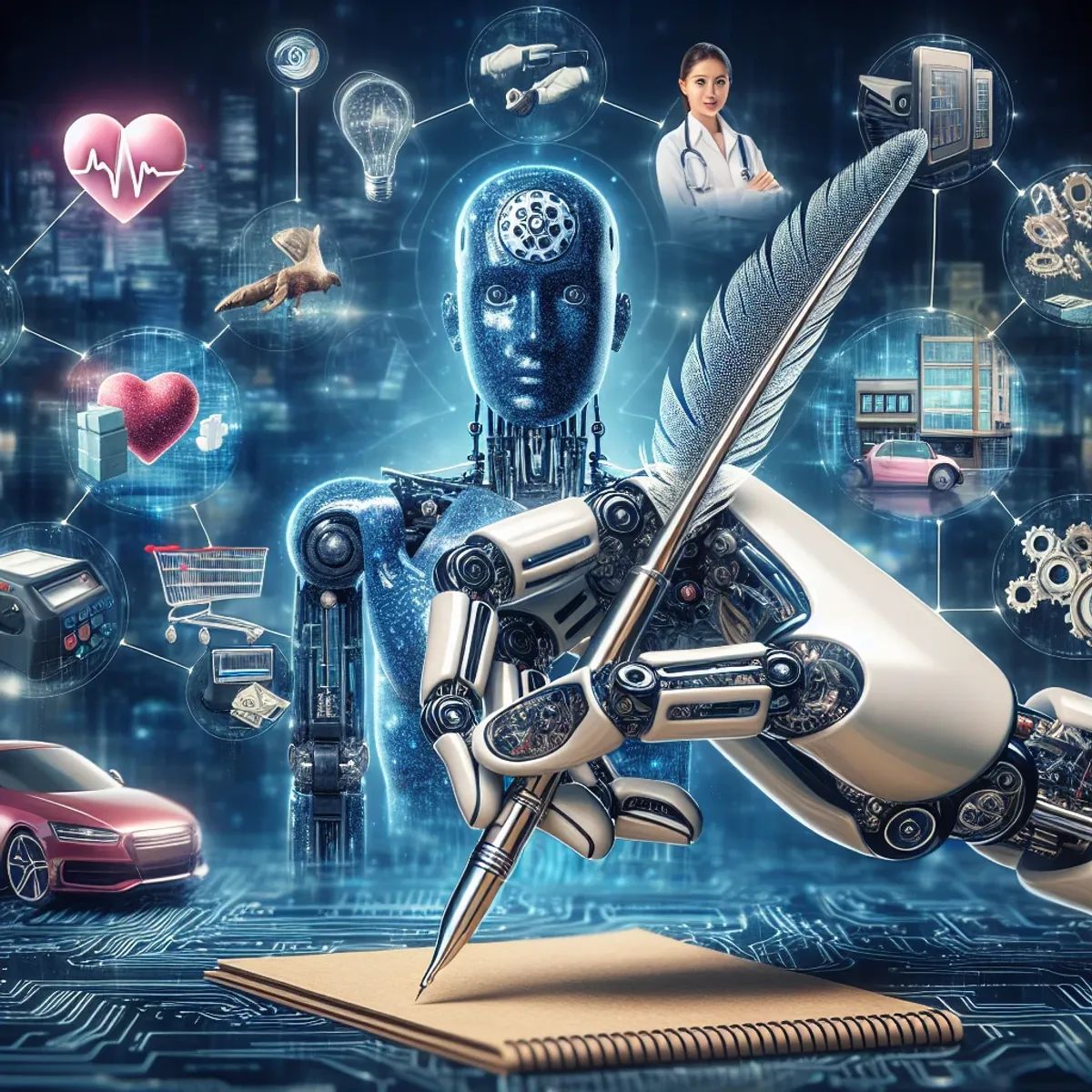 A robotic hand delicately holds a quill pen in the foreground, while various industry symbols such as a stethoscope, shopping cart, and self-driving car are shown in the background.