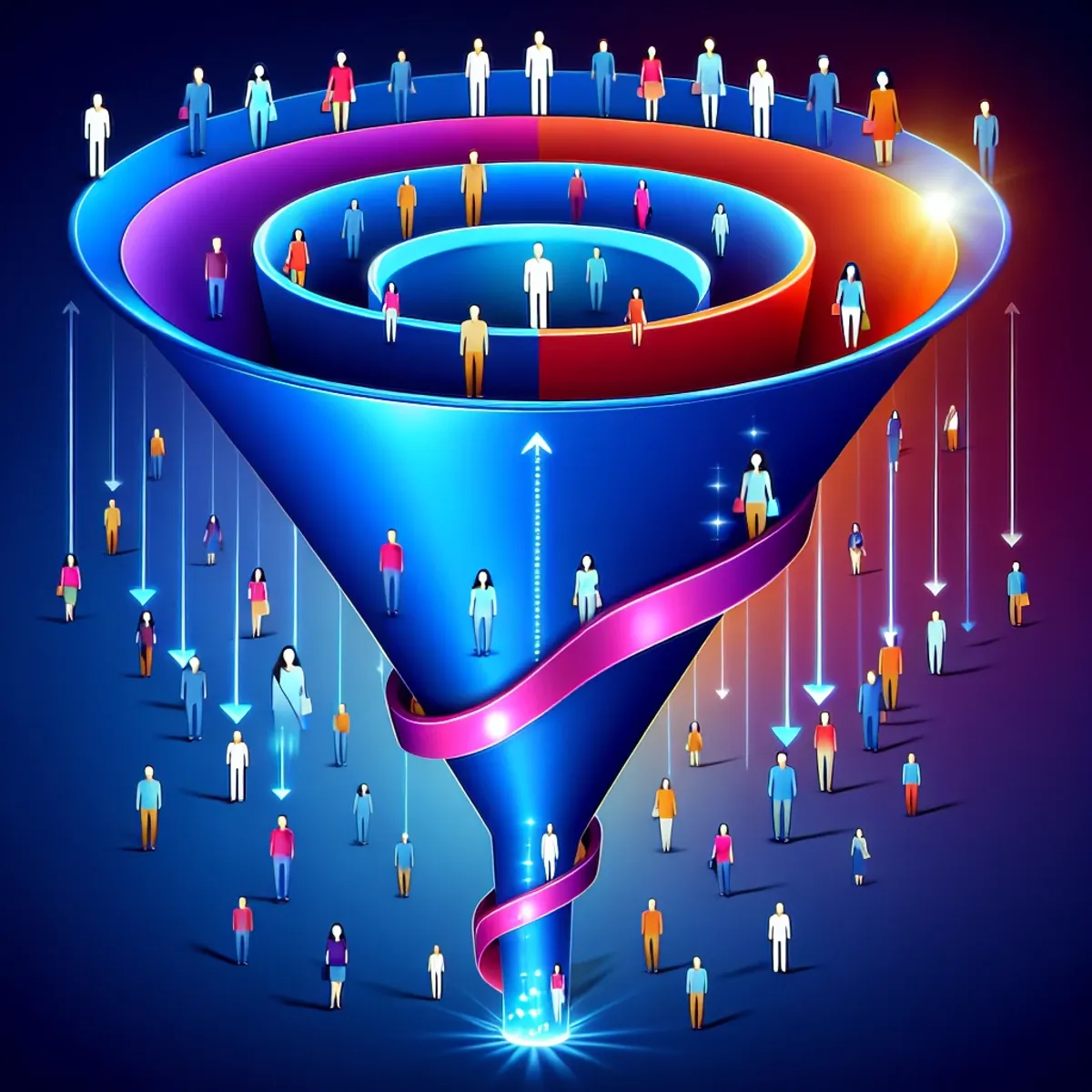 A digital artwork of a conversion funnel with diverse individuals entering the top and becoming customers at the bottom.