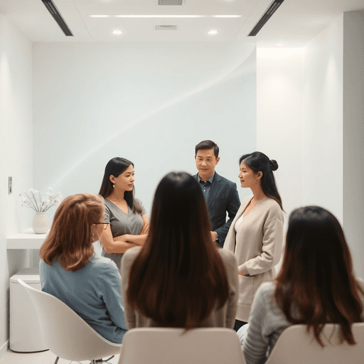 成年人在現代診所諮詢專業人士有關身體塑形的問題,抽象的流暢線條象徵著平衡和美學和諧。