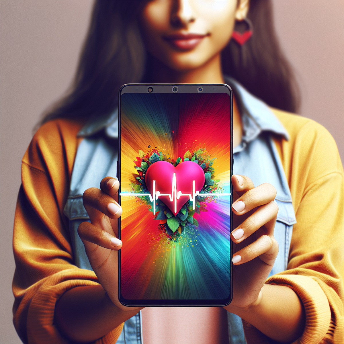 A South Asian woman in casual attire holding a modern smartphone with a heart-shaped pulse symbol on the screen.