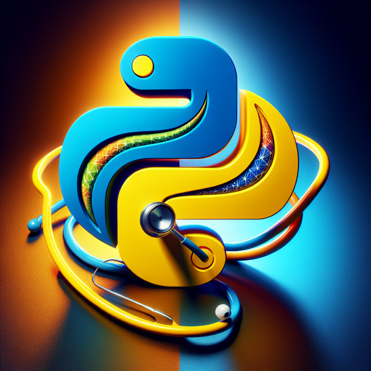 Python programming language logo entwined with a stethoscope symbolizing Python's role in advancing mental healthcare.