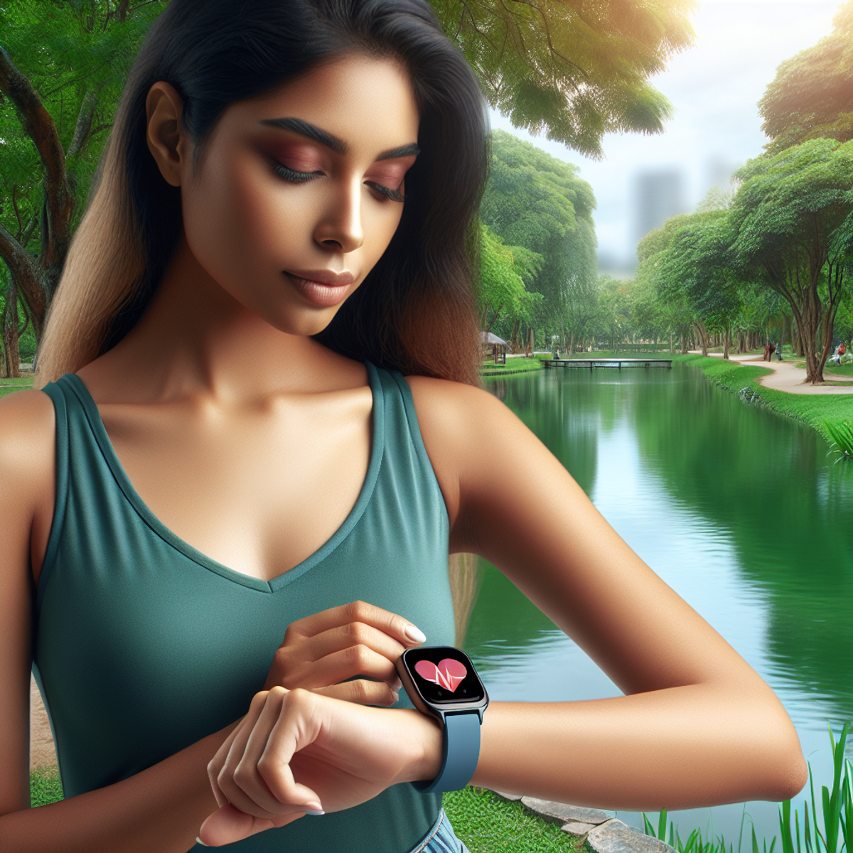 A South Asian woman wearing a modern smartwatch with a heart rate monitoring function, standing in a serene park with lush green trees and a tranquil lake. The smartwatch displays a heart symbol indicating its function.