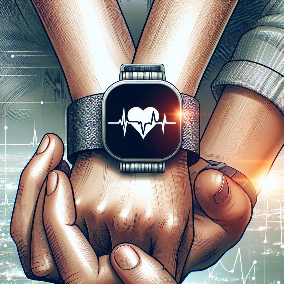 A smartwatch on a wrist, displaying a symbolic heartbeat icon.