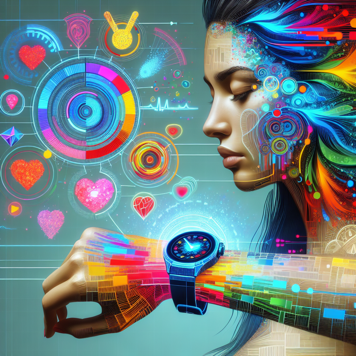 A Hispanic female wearing a smartwatch surrounded by abstract data visualizations representing mental health monitoring.